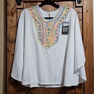 Rococo Mexican White Rayon Pastel Hand Embroidered Flowy Top Size Small